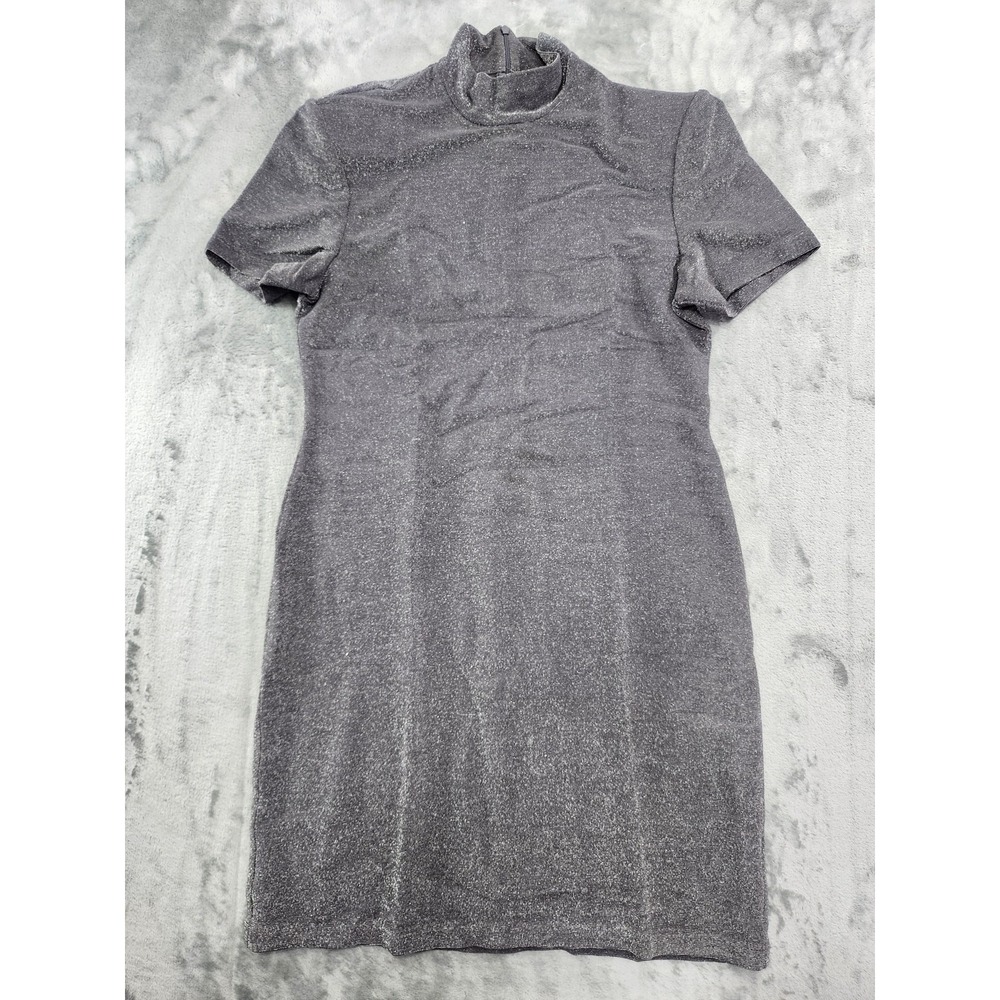 Vintage K.C. Spencer Dress Womens M Silver Metallic Mock Neck Short Sleeve Zip‎